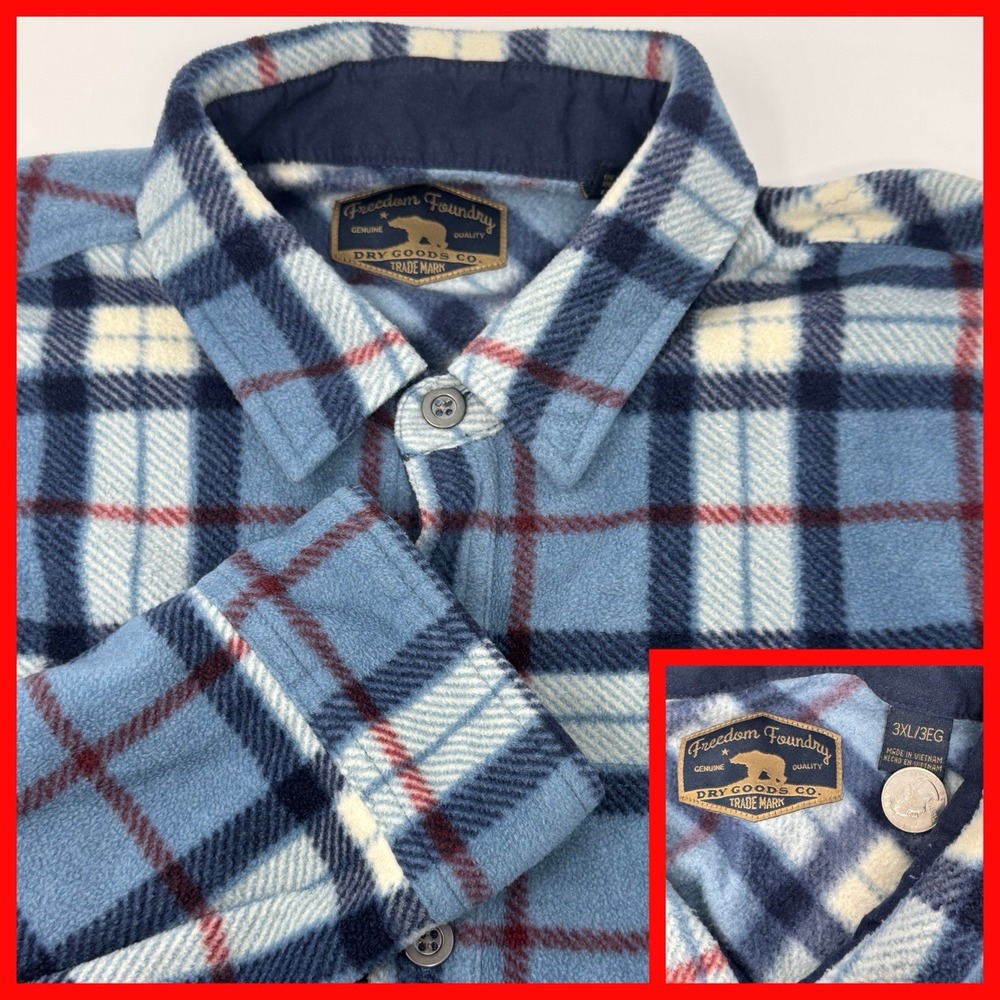 Freedom Foundry Mens Plaid Flannel Shirt Jacket Blue Cream Red Size‎ 3XL